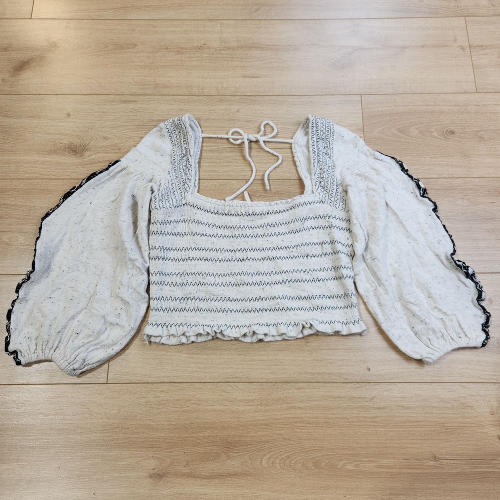 Free People Maggie Embroidered Top Womens Large White Cropped Square Neck Boho